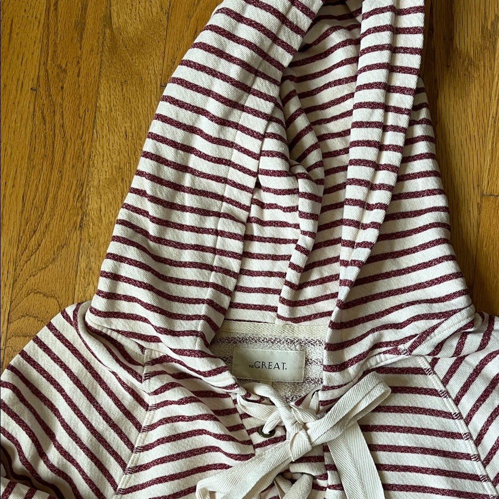 THE GREAT. Cream and Burgundy Striped Hoodie Top